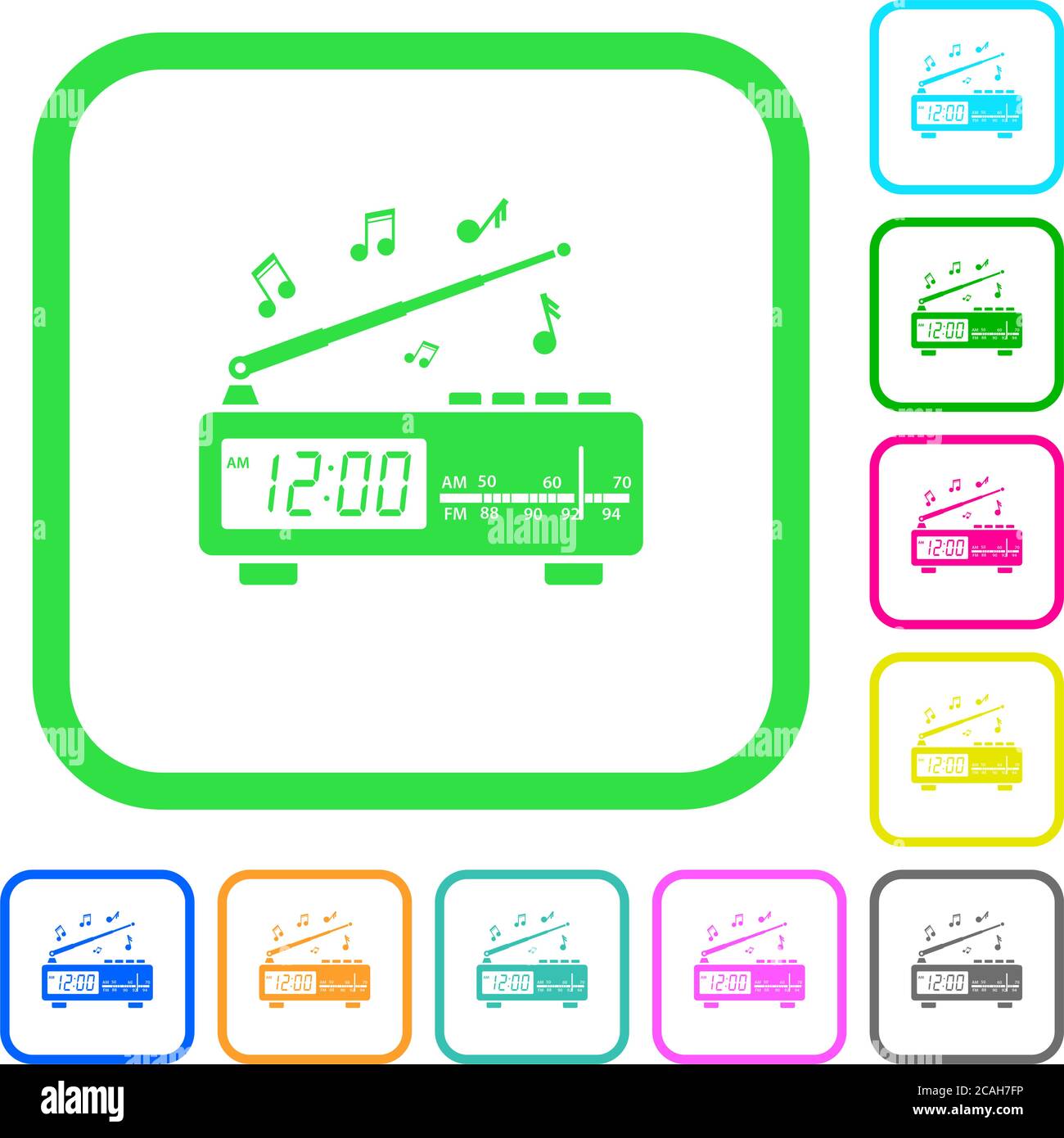 Radio-réveil vintage avec musique des icônes plates aux couleurs vives dans des bordures incurvées sur fond blanc Illustration de Vecteur