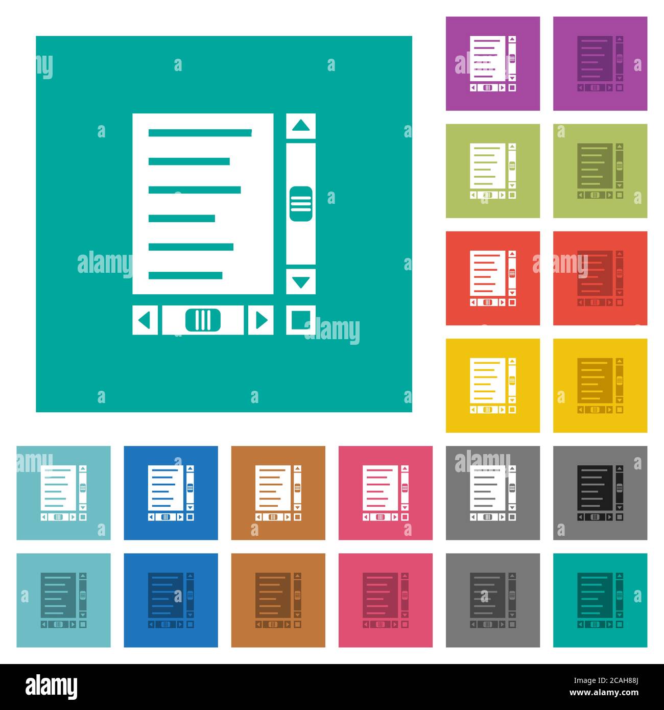 Document avec contenu et barres de défilement icônes plates multicolores sur arrière-plans carrés simples. Inclut des variantes d'icône blanche et foncée pour le survol ou l'action Illustration de Vecteur