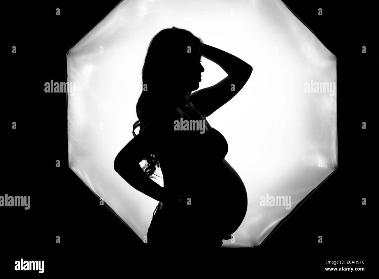 Beauté jeune femme enceinte portrait noir et blanc. Belle fille modèle enceinte posant en studio, touchant son ventre et souriant. Banque D'Images