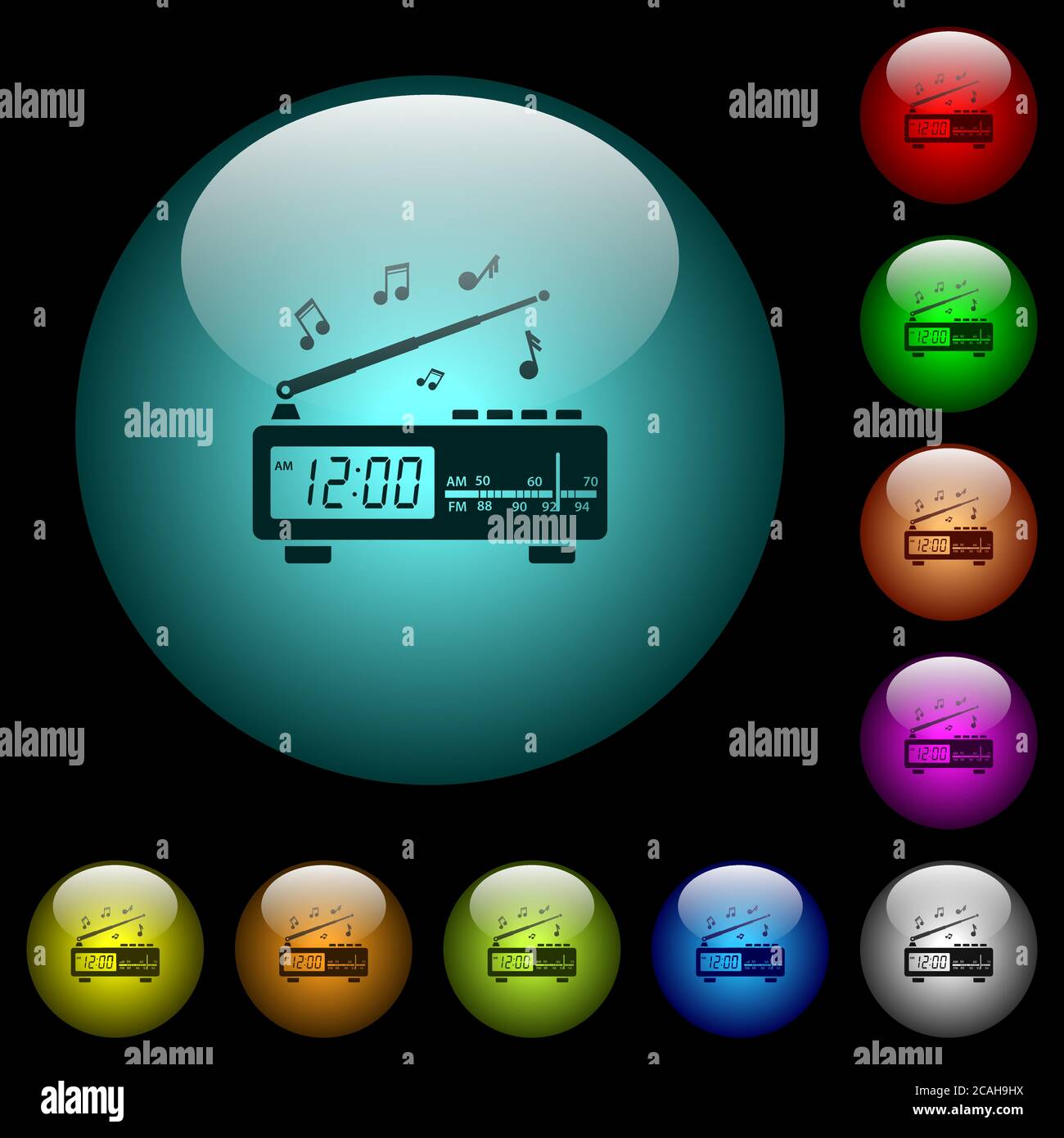 Radio-réveil vintage avec icônes de musique en couleur, boutons sphériques lumineux en verre sur fond noir. Peut être utilisé pour les modèles noirs ou sombres Illustration de Vecteur