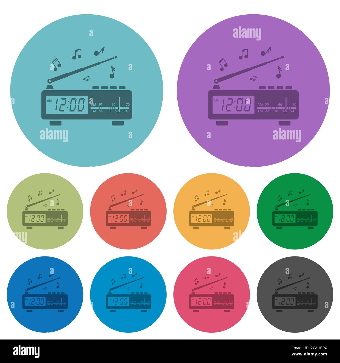 Radio-réveil vintage avec musique icônes plates plus sombres sur fond rond de couleur Illustration de Vecteur