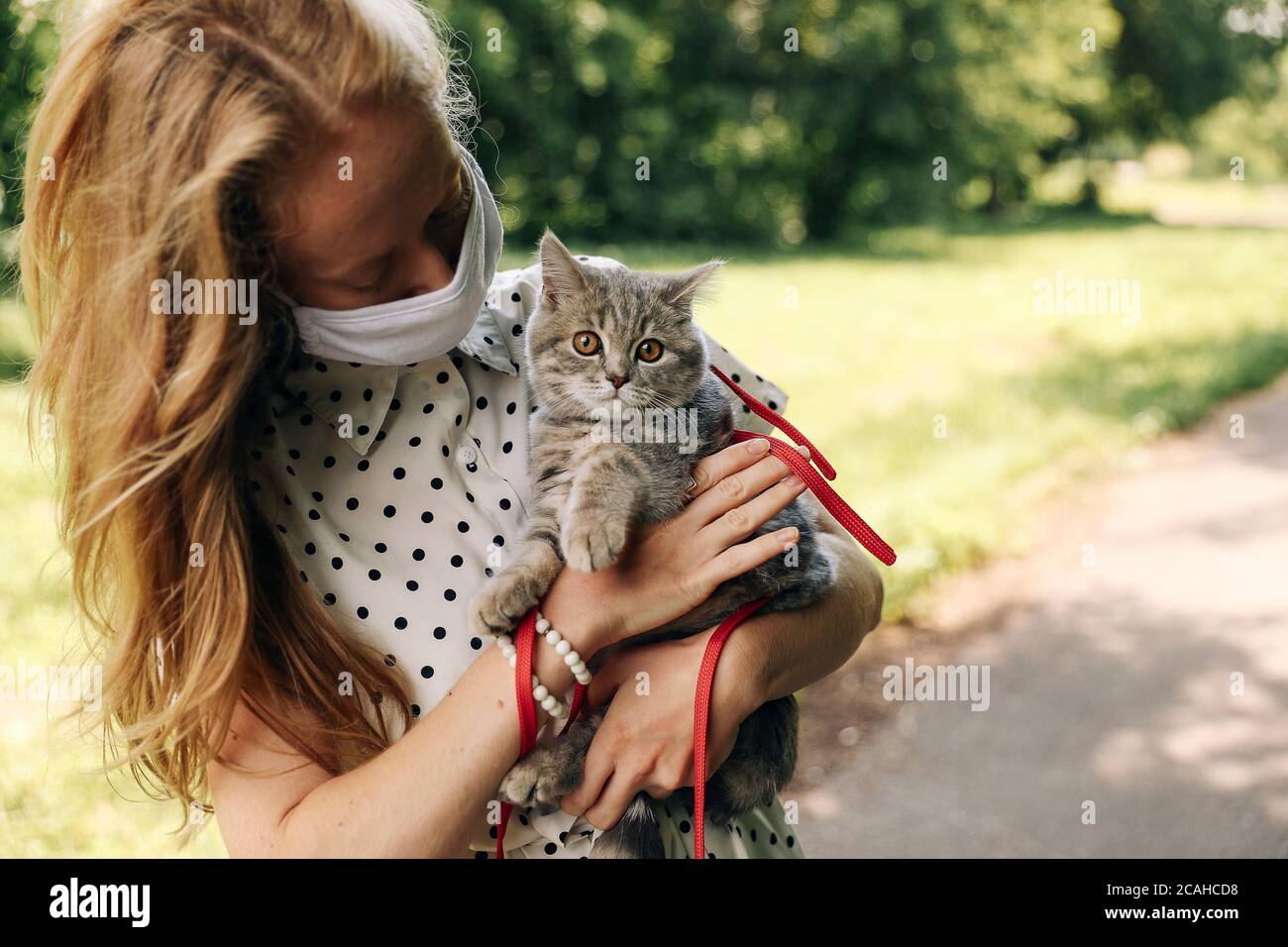 Jeune femme blonde dans un masque de protection médicale lors d'une promenade avec un chaton écossais droit pendant l'été lors d'une pandémie d'infection à coronavirus covid 19. Photo de haute qualité Banque D'Images