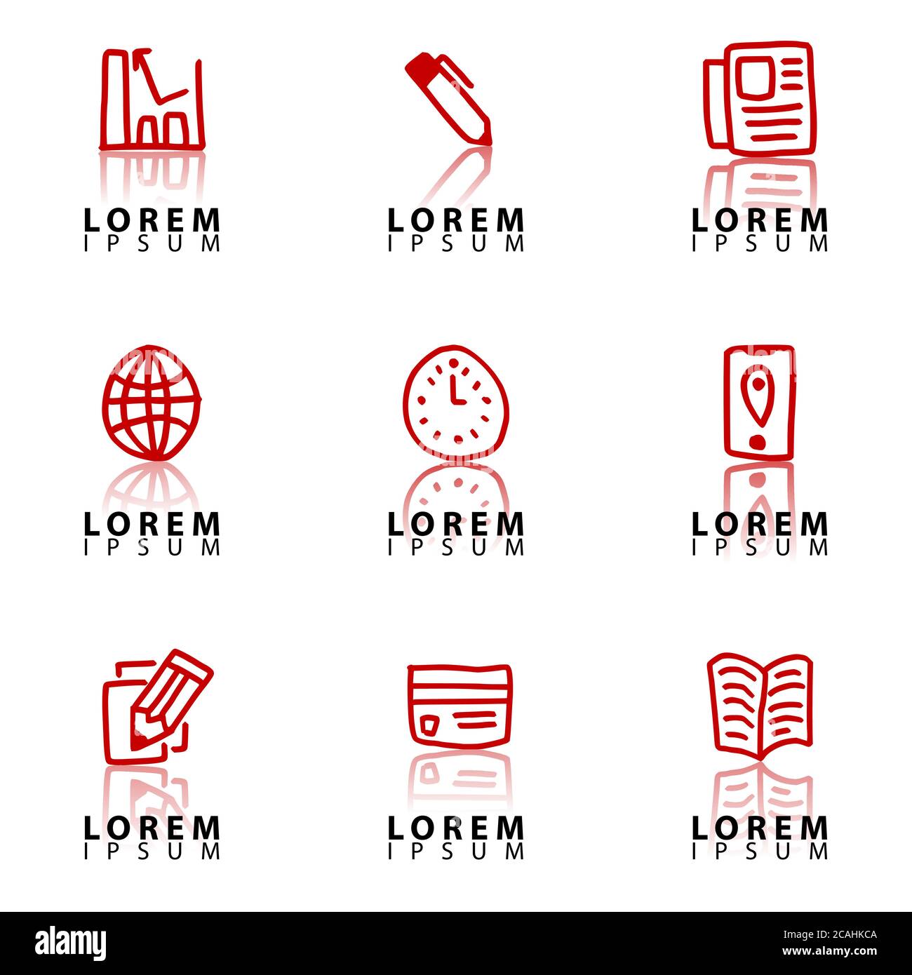 Jeu d'icônes de ligne mince - vecteur de corbeille, réception, gestionnaire, poignée de main, hiérarchie, livre, équipe, stylo, sac d'argent, travail, graphique circulaire, contrat, presse-papiers, u Illustration de Vecteur