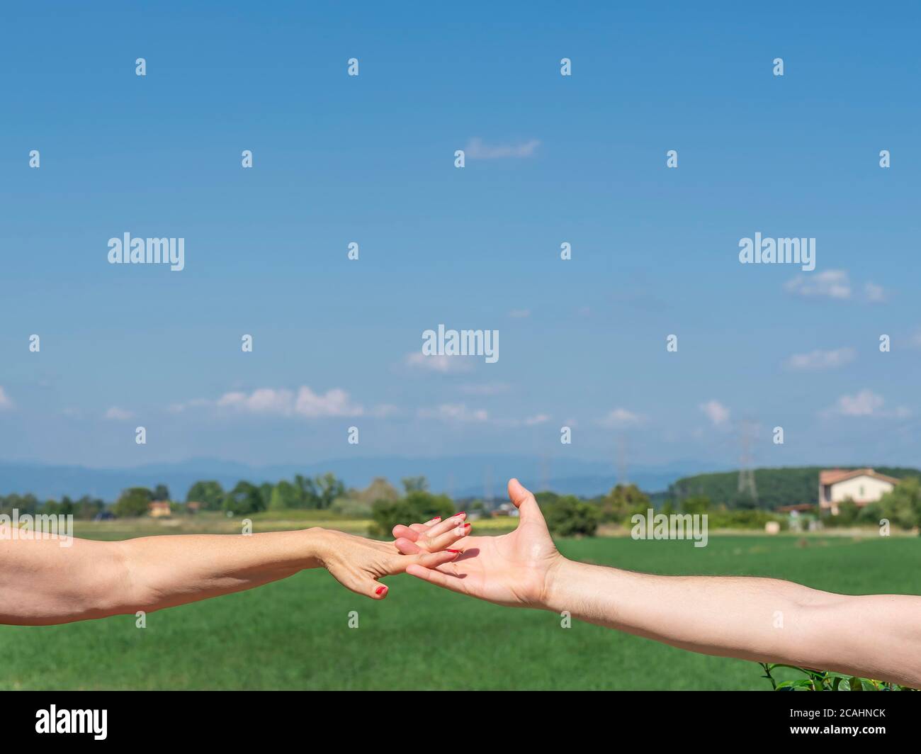 La main tendue d'un homme s'entrelace avec celle d'une femme, sur un fond de verdure de campagne et avec un beau ciel au-dessus Banque D'Images