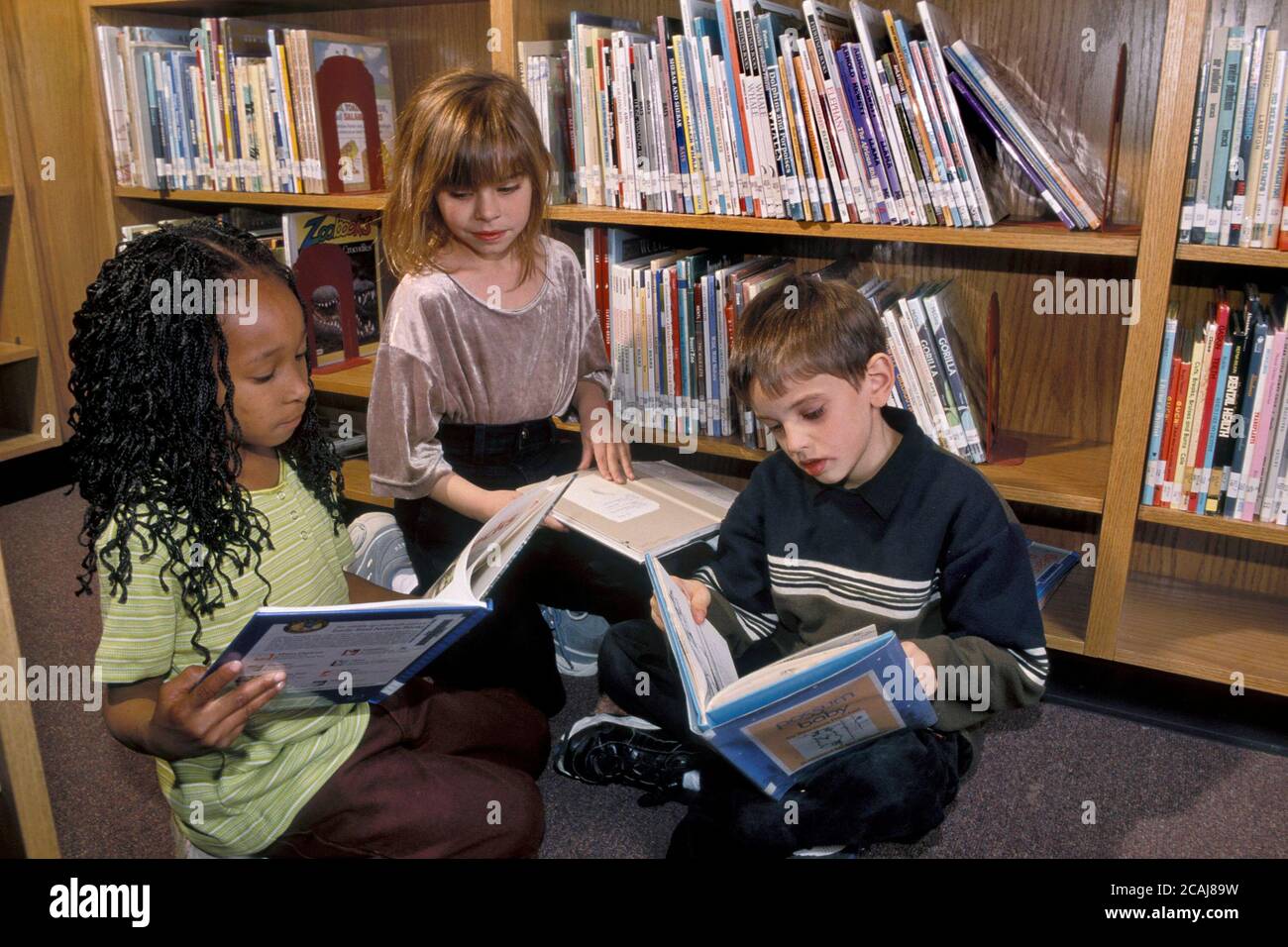 Austin, Texas États-Unis : groupe ethniquement diversifié d'élèves à la maternelle lisent des livres d'images dans la bibliothèque de l'école. MR ©Bob Daemmrich Banque D'Images