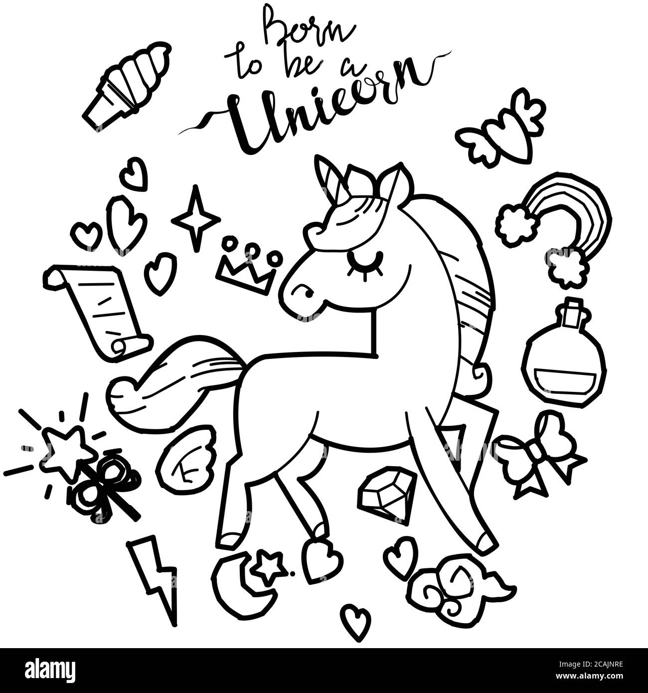 Collection de licorne et de poney mignons avec des objets magiques, arc-en-ciel, ailes de fées, cristaux, nuages, potion. Style de ligne dessiné à la main. Illustrations vectorielles Illustration de Vecteur