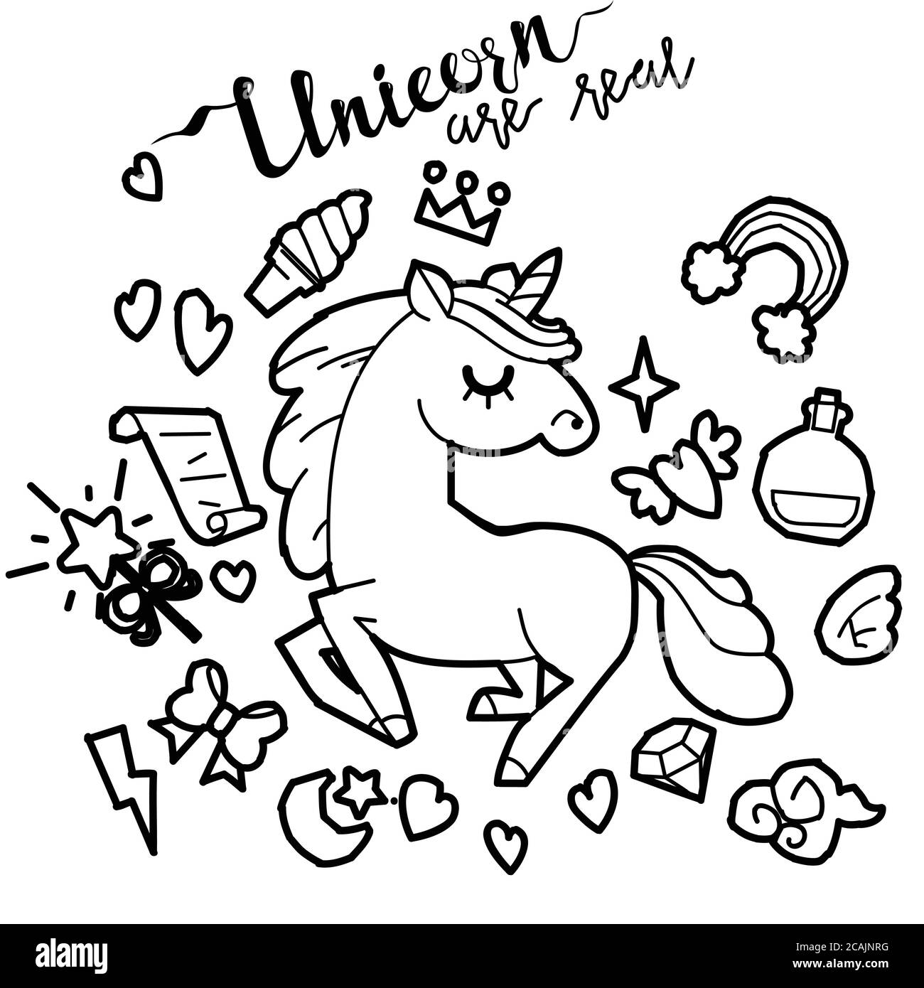 Collection de licorne et de poney mignons avec des objets magiques, arc-en-ciel, ailes de fées, cristaux, nuages, potion. Style de ligne dessiné à la main. Illustrations vectorielles Illustration de Vecteur