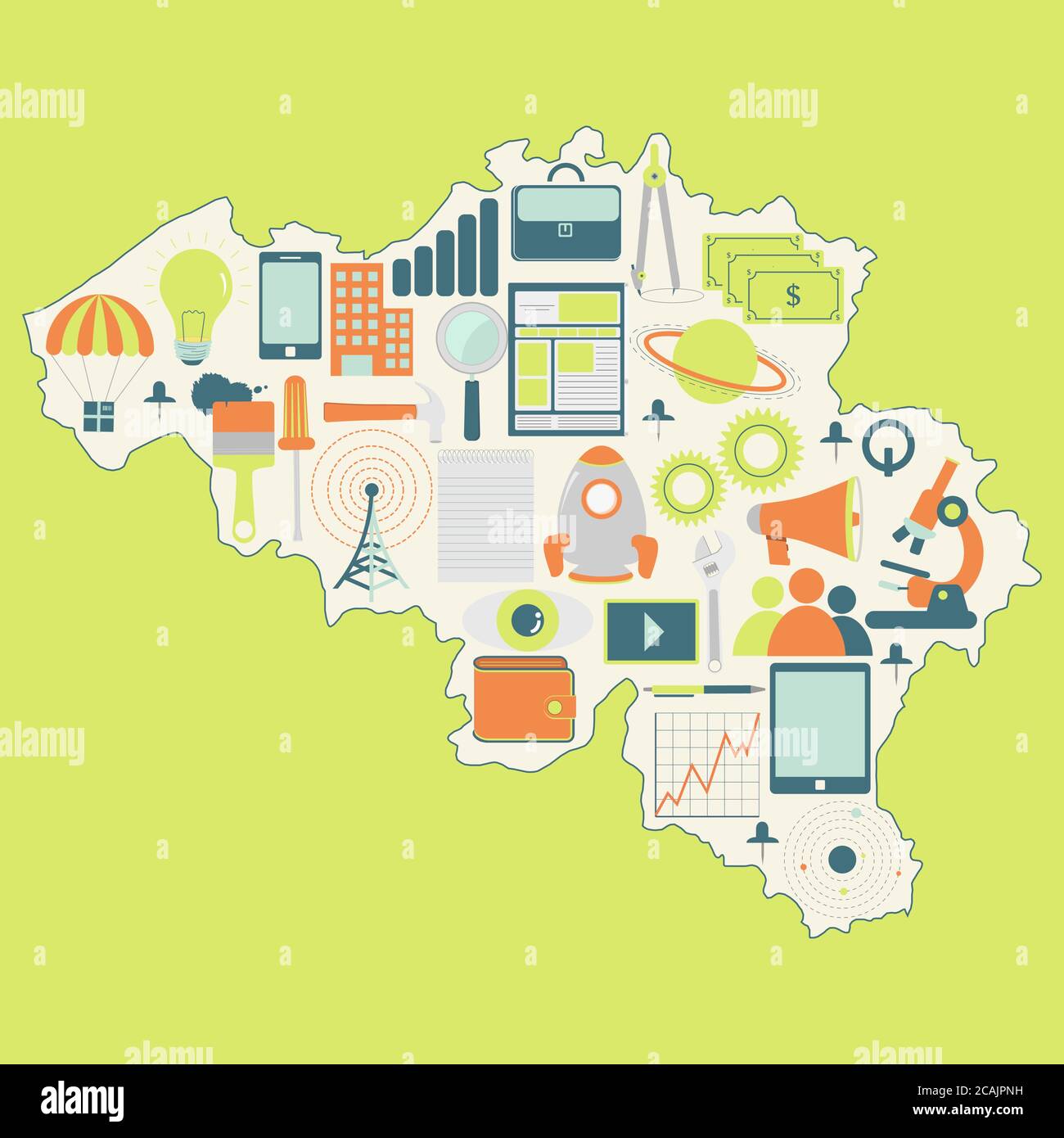 Carte de contour de la Belgique avec des icônes de la technologie, des affaires, de la science, de la communication Illustration de Vecteur