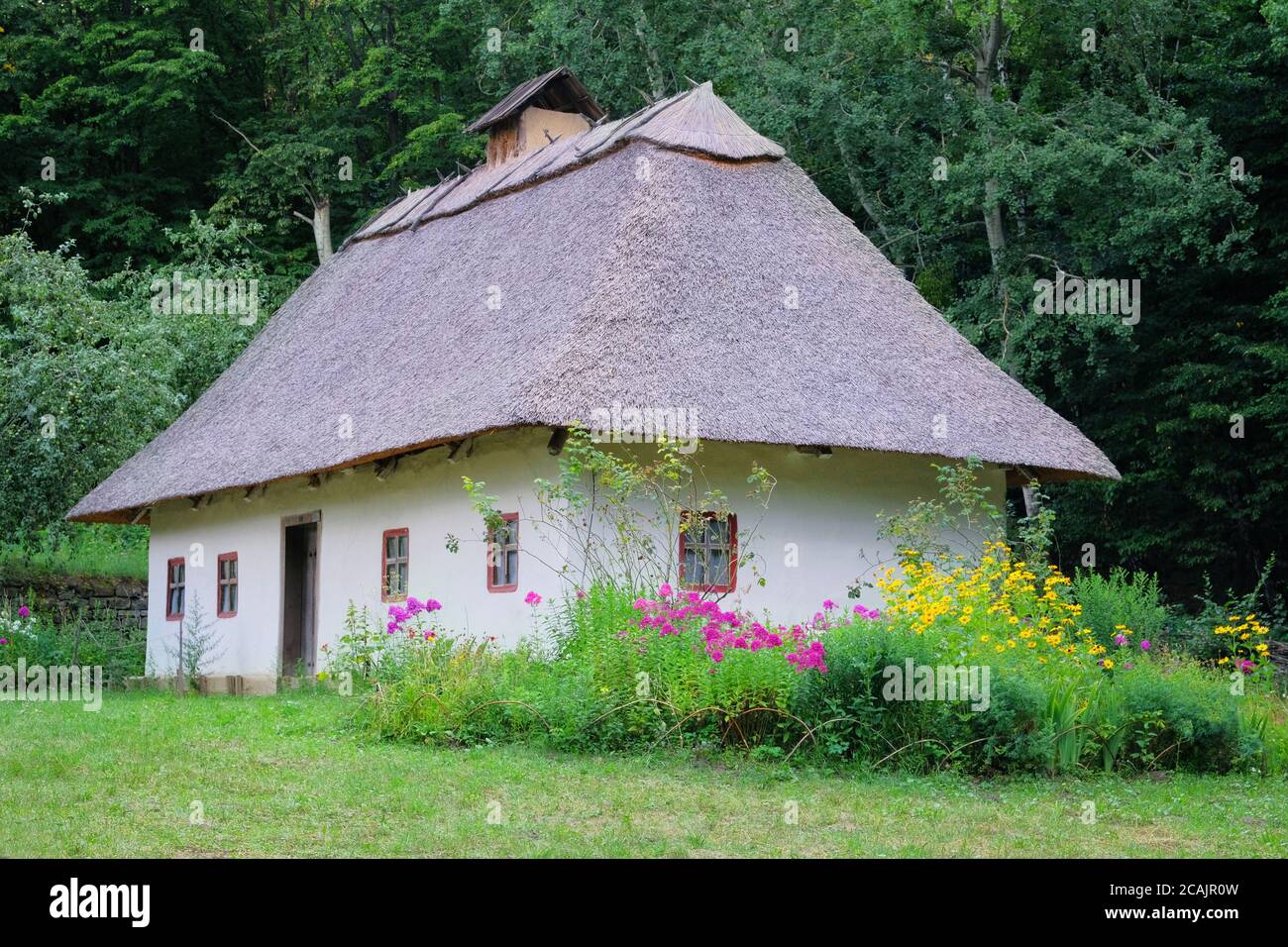 Ancienne maison rurale avec toit de chaume et murs blanchis à la chaux. Village historique en Ukraine, préserver les traditions et la culture. Banque D'Images