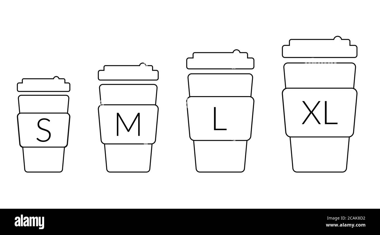 Tasse à café taille S M L XL. Différentes tailles : petite, moyenne, grande et très grande. Ensemble d'icônes de suivi de vectorisation Illustration de Vecteur