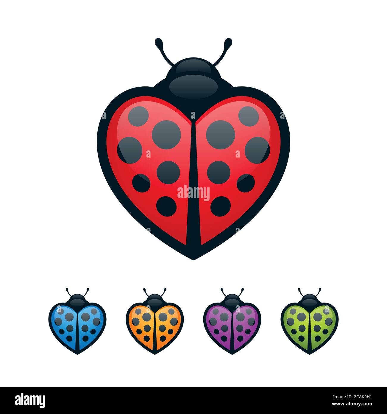 Coccinelles en forme de cœur sur fond blanc. Jeu d'icônes de bugs colorés. Illustration de Vecteur