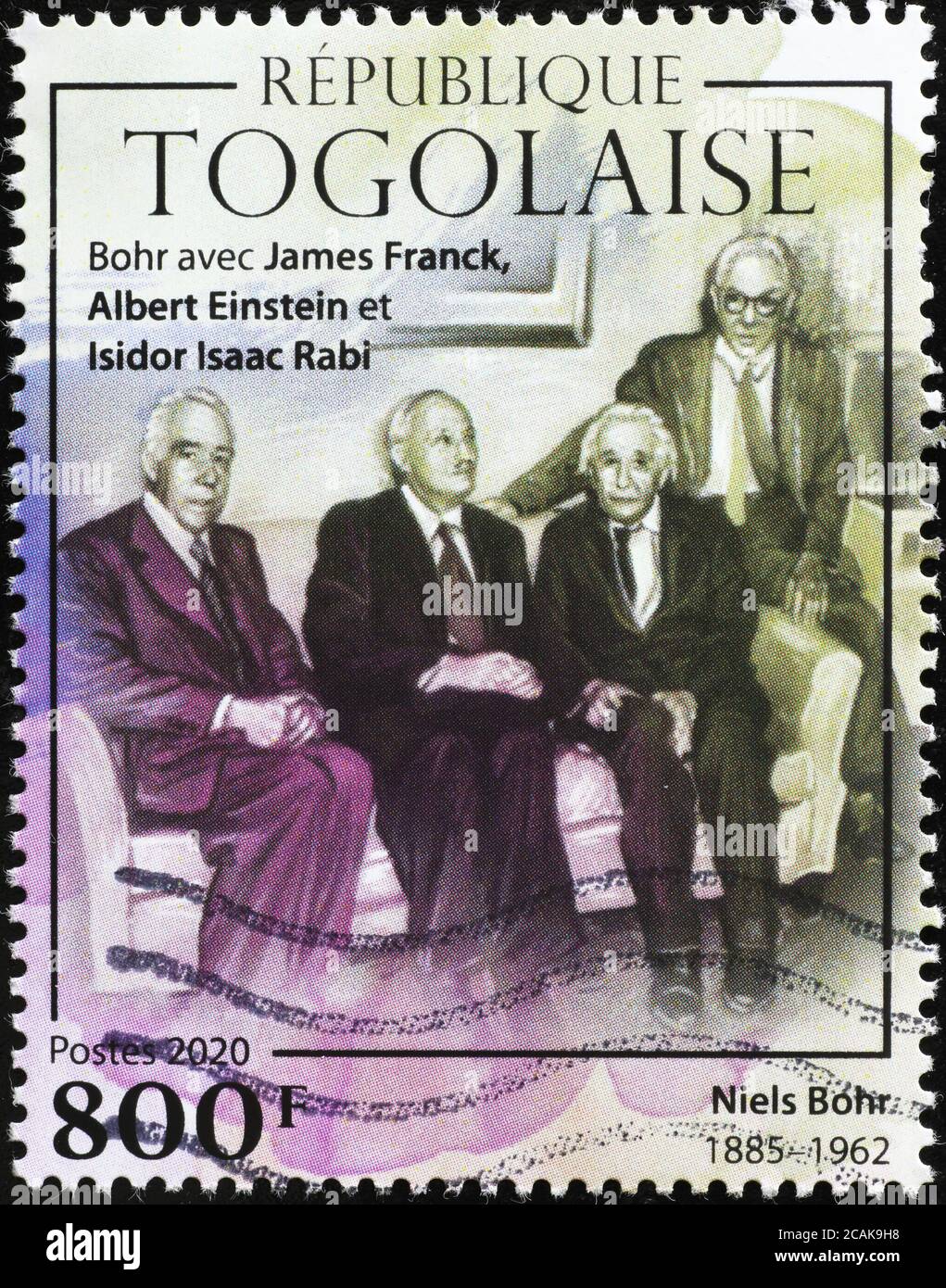 Niels Bohr avec Einstein et d'autres scientifiques sur le timbre Banque D'Images
