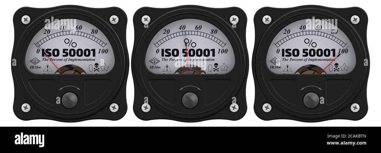 ISO 50001. Pourcentage de mise en œuvre. Indicateur analogique indiquant le niveau de mise en œuvre de la norme ISO 50001. Illustration 3D Banque D'Images