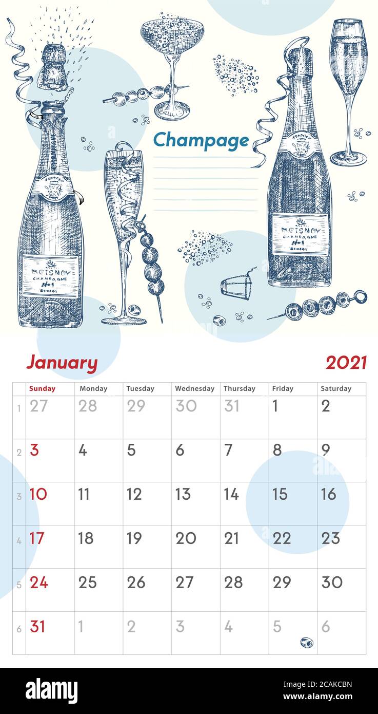 2021 page de calendrier vintage mural. Mois de janvier. La semaine commence le dimanche. Bar à alcool. Champagne cocktails affiche rétro lieu à écrire Illustration de Vecteur