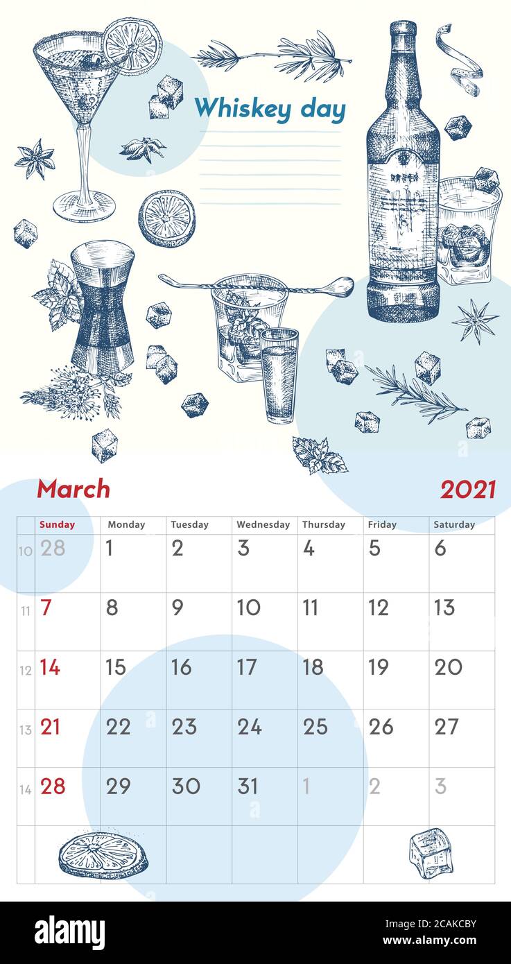 2021 page de calendrier vintage mural. Mois de mars. La semaine commence le dimanche. Bar à alcool. Wiskey Day cocktails Retro poster lieu à écrire Illustration de Vecteur