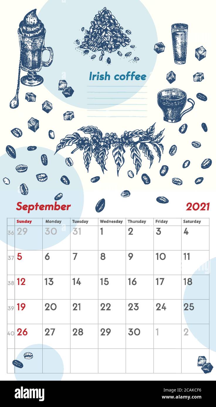 2021 page de calendrier vintage mural. Mois de septembre. La semaine commence le dimanche. Bar à alcool. Cocktail de café irlandais affiche rétro lieu à Illustration de Vecteur