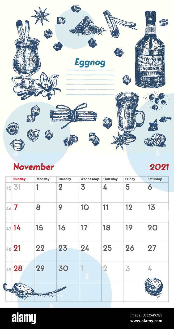 2021 page de calendrier vintage mural. Mois de novembre. La semaine commence le dimanche. Bar à alcool. Cocktail de lait de poule affiche rétro lieu à écrire Illustration de Vecteur