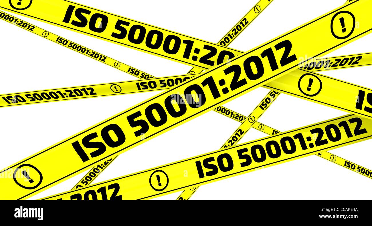 ISO 50001:2012. Rubans d'avertissement jaunes avec inscription « ISO 50001:2012 » (systèmes de gestion de l'énergie - exigences avec instructions d'utilisation). Isolé Banque D'Images