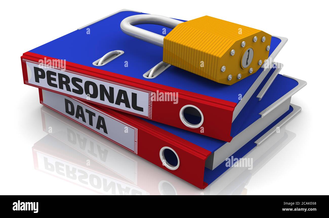 Les données personnelles sont protégées. Dossier Office avec inscription « DONNÉES PERSONNELLES » et cadenas. Illustration 3D Banque D'Images
