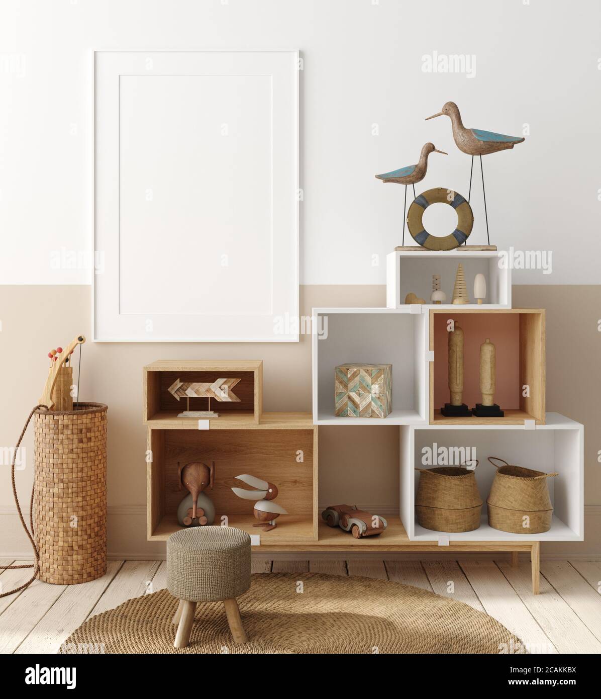 Maquette affiche en arrière-plan, de l'intérieur chambre à coucher les enfants de style scandinave, 3D render Banque D'Images