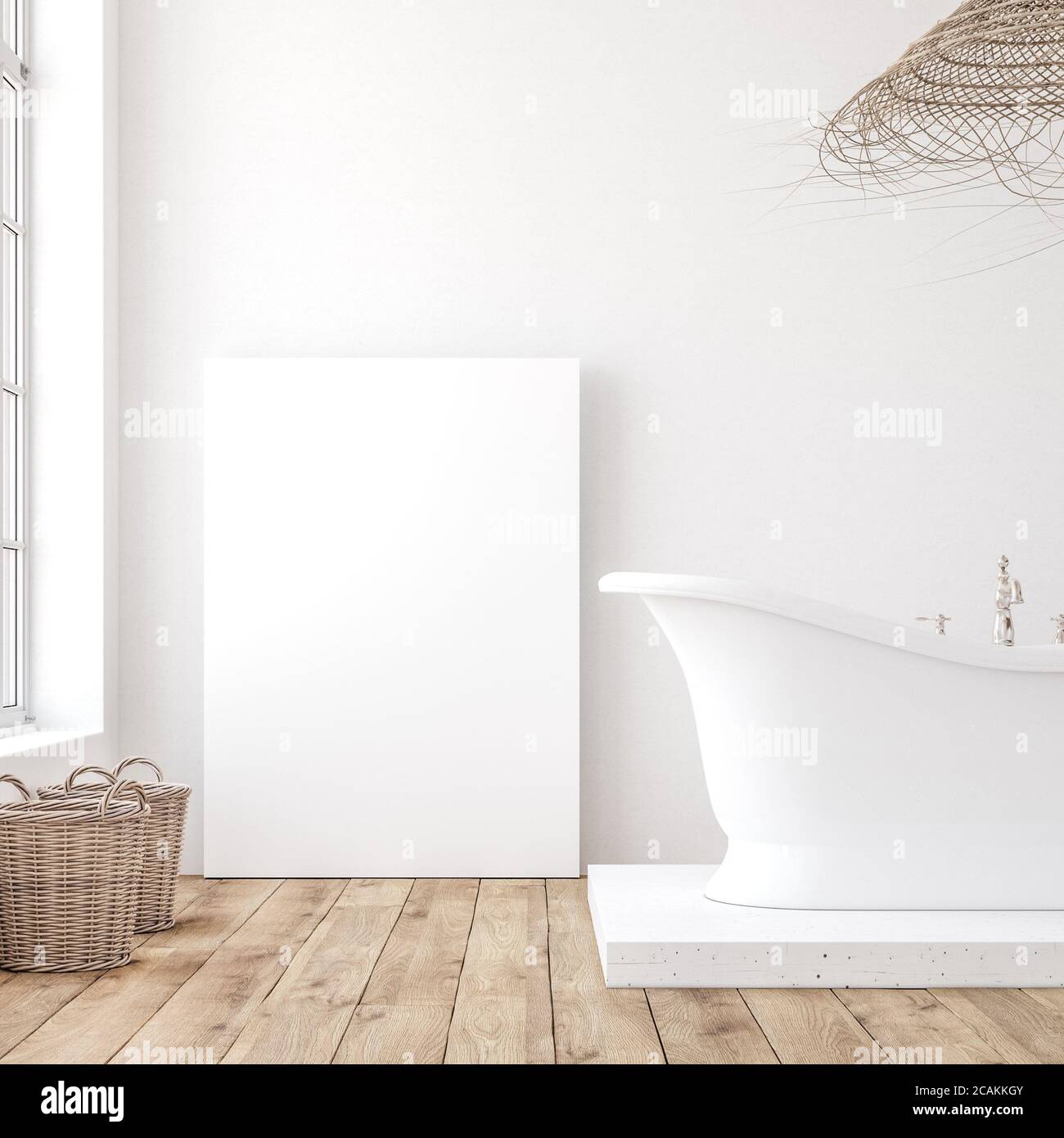 Affiche maquette dans un intérieur de salle de bains blanc minimaliste, rendu 3d Banque D'Images