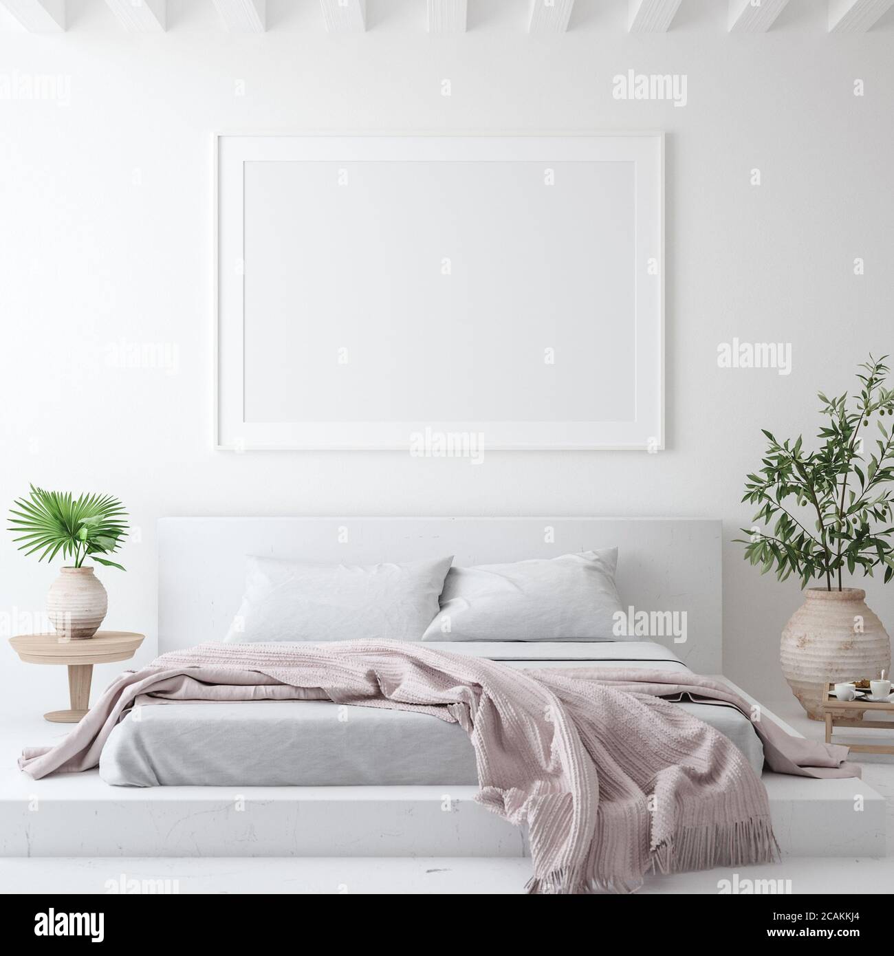 Cadre poster maquette dans intérieur blanc confortable de chambre, style scandinave, rendu 3d Banque D'Images