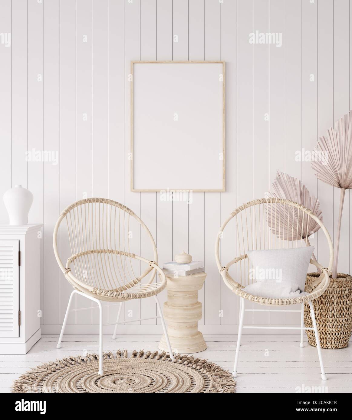 Cadre de maquette en arrière-plan intérieur de maison côtière, pièce avec mobilier en bois naturel et plantes sèches, rendu 3d Banque D'Images