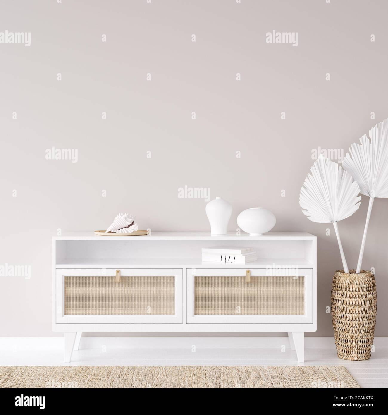 Cadre de maquette en arrière-plan intérieur de maison côtière, pièce avec mobilier en bois naturel et plantes sèches, rendu 3d Banque D'Images