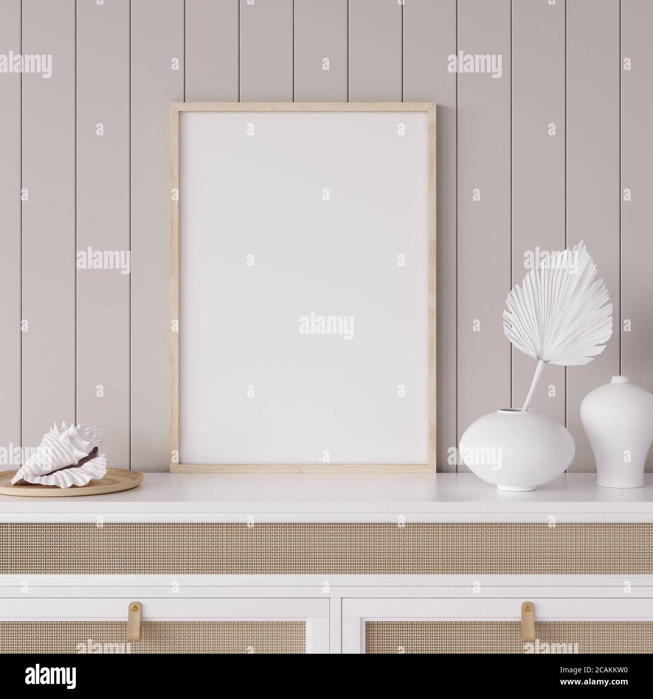 Cadre de maquette en arrière-plan intérieur de maison côtière, pièce avec mobilier en bois naturel et plantes sèches, rendu 3d Banque D'Images