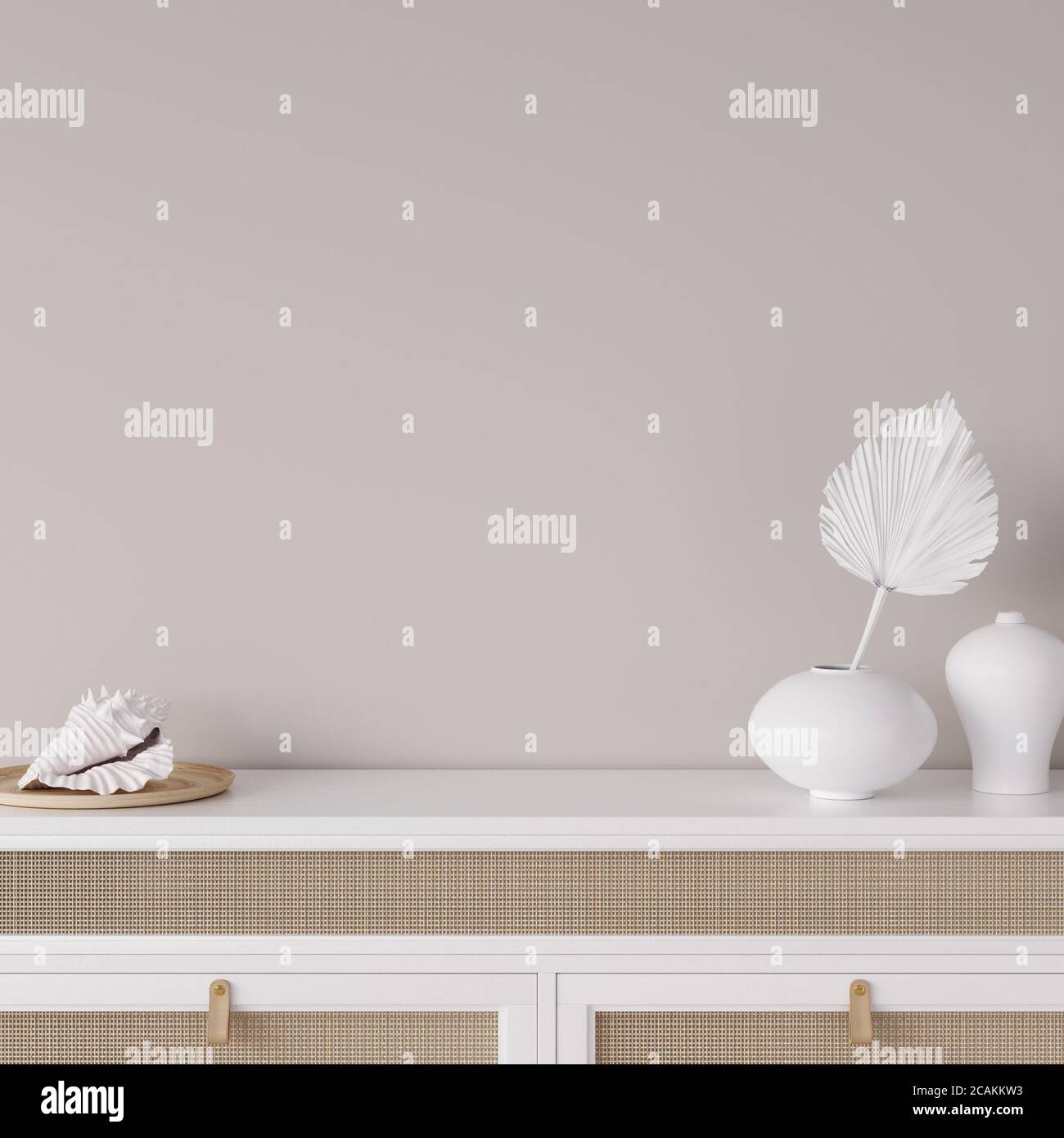 Cadre de maquette en arrière-plan intérieur de maison côtière, pièce avec mobilier en bois naturel et plantes sèches, rendu 3d Banque D'Images