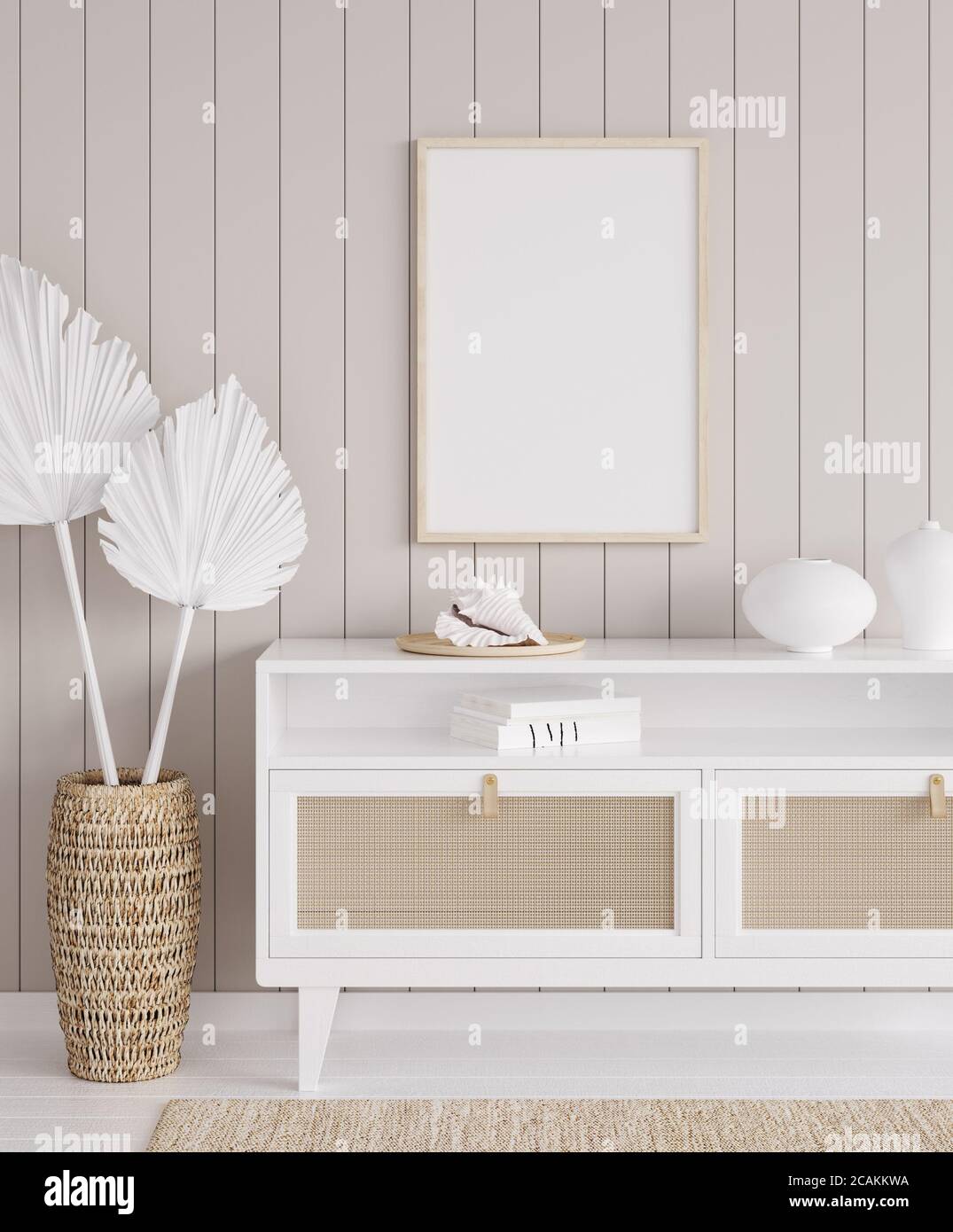 Cadre de maquette en arrière-plan intérieur de maison côtière, pièce avec mobilier en bois naturel et plantes sèches, rendu 3d Banque D'Images