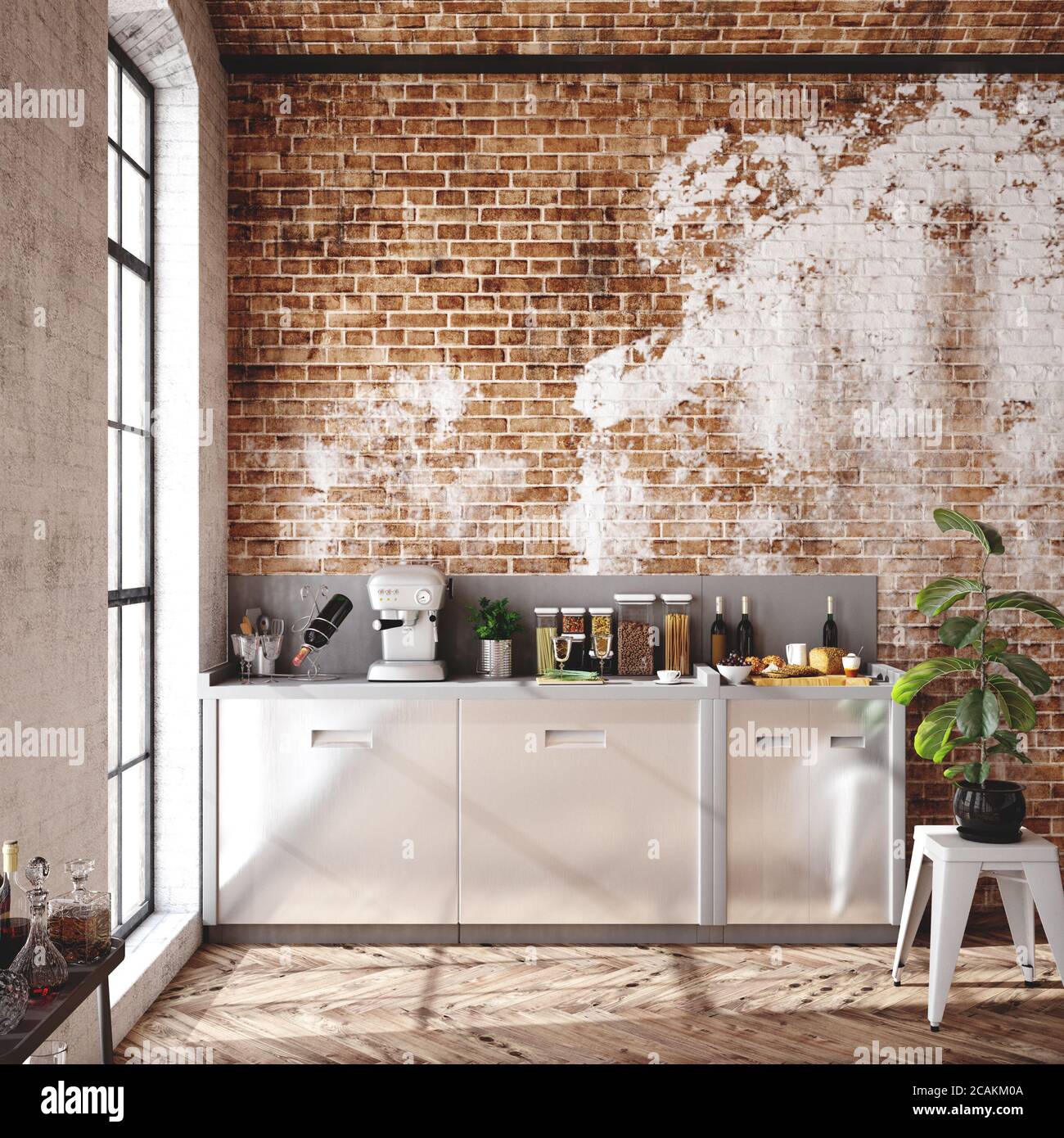 Appartement loft, cuisine intérieure, style industriel, rendu 3d Banque D'Images