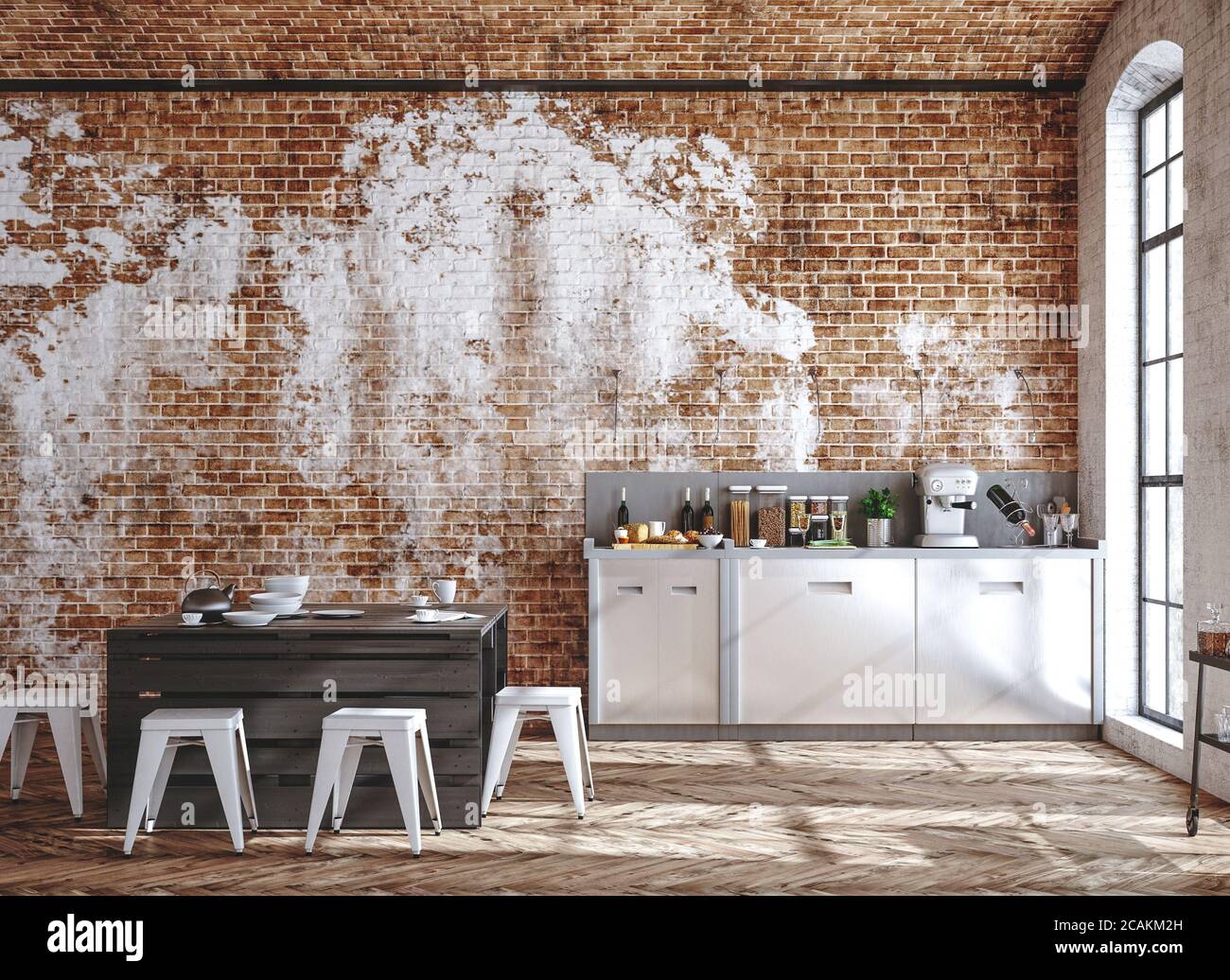 Cuisine intérieur en style loft, industriel, 3D render Banque D'Images