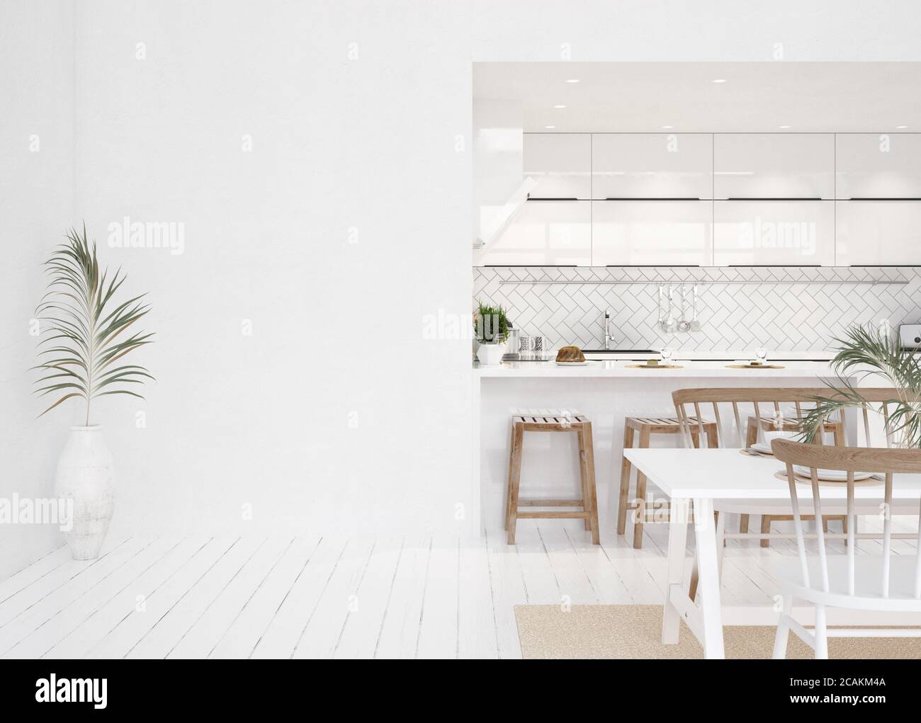 Intérieur de cuisine moderne blanc, style scandinave, rendu 3d Banque D'Images