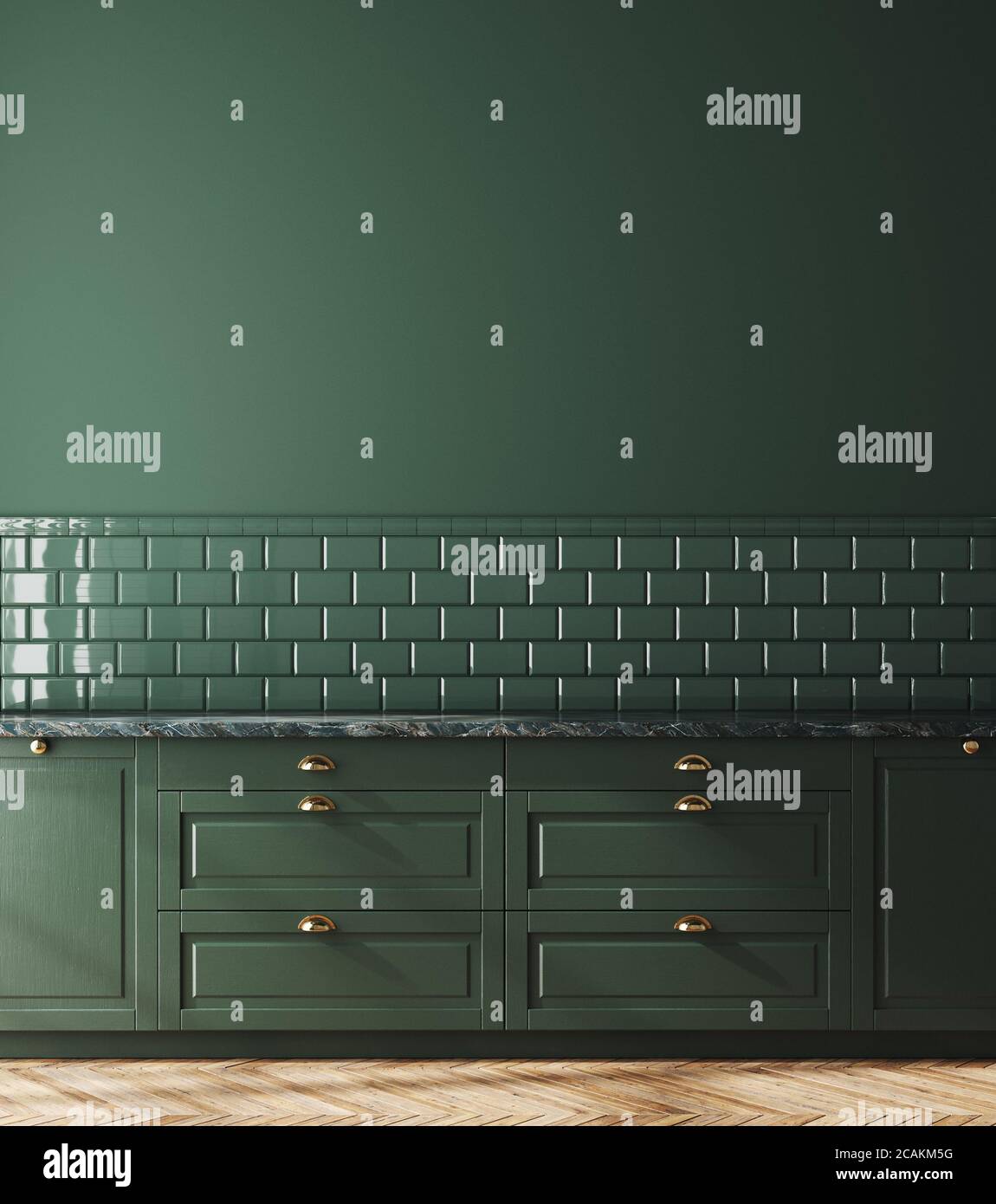 Intérieur de cuisine vert foncé vide, maquette murale, rendu 3d Banque D'Images