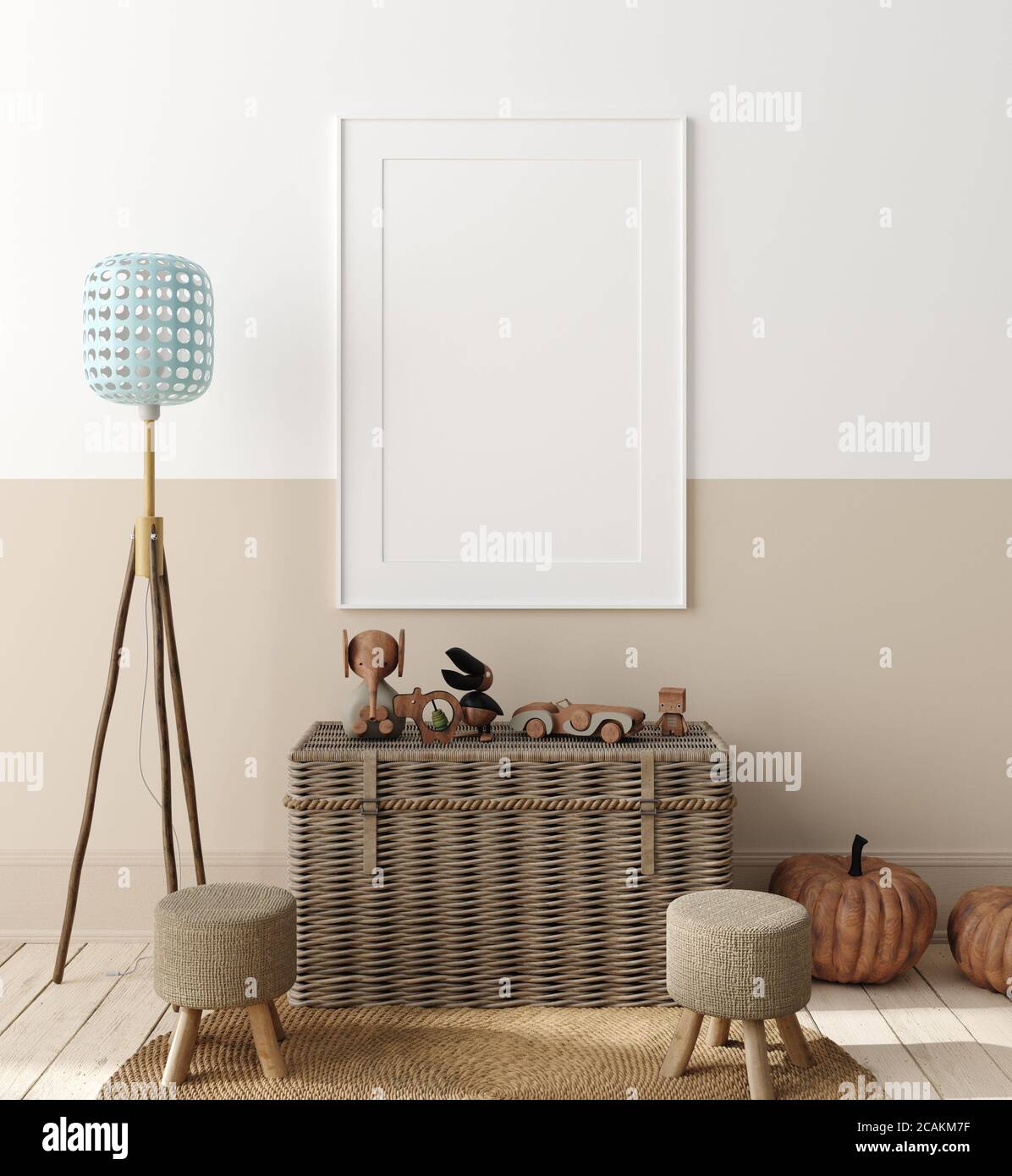 Maquette affiche en arrière-plan, de l'intérieur chambre à coucher les enfants de style scandinave, 3D render Banque D'Images