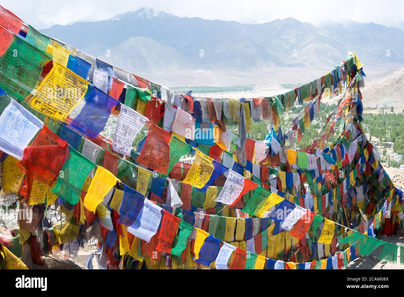 Ladakh, Inde - drapeau de prière tibétain au monastère Namgyal Tsemo (Namgyal Tsemo Gompa) à Leh, Ladakh, Jammu-et-Cachemire, Inde. Banque D'Images