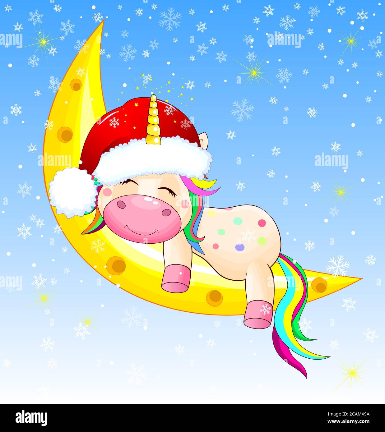 Petite licorne dormant sur la lune le soir de Noël. Ciel, flocons de neige, étoiles brillantes. Illustration de Vecteur