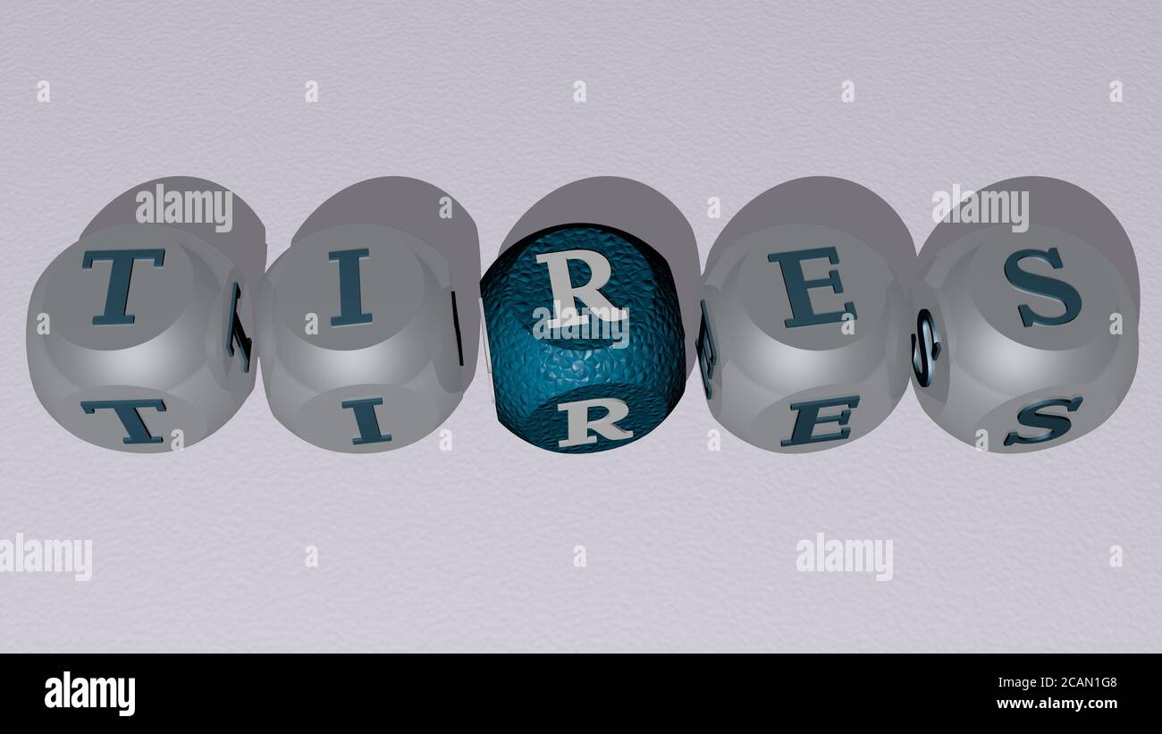 Texte des pneus par lettres de dés cubes - illustration 3D pour voiture et automobile Banque D'Images