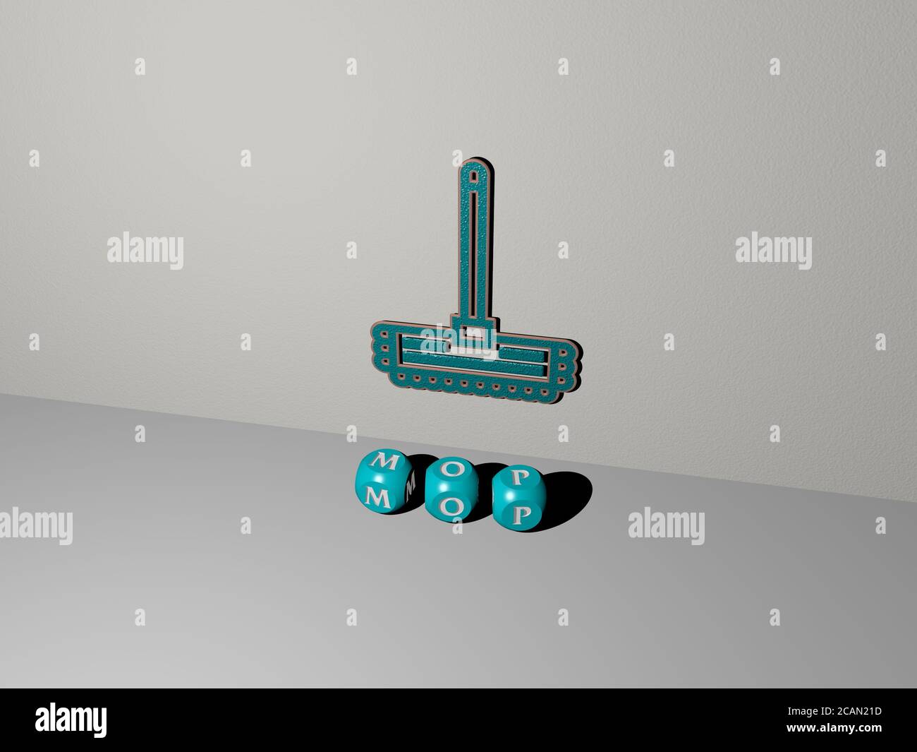 Image graphique 3D de la mop à la verticale avec texte construit par des lettres cubes métalliques du point de vue supérieur, excellent pour la présentation du concept et des diaporamas pour le nettoyage et la propreté Banque D'Images