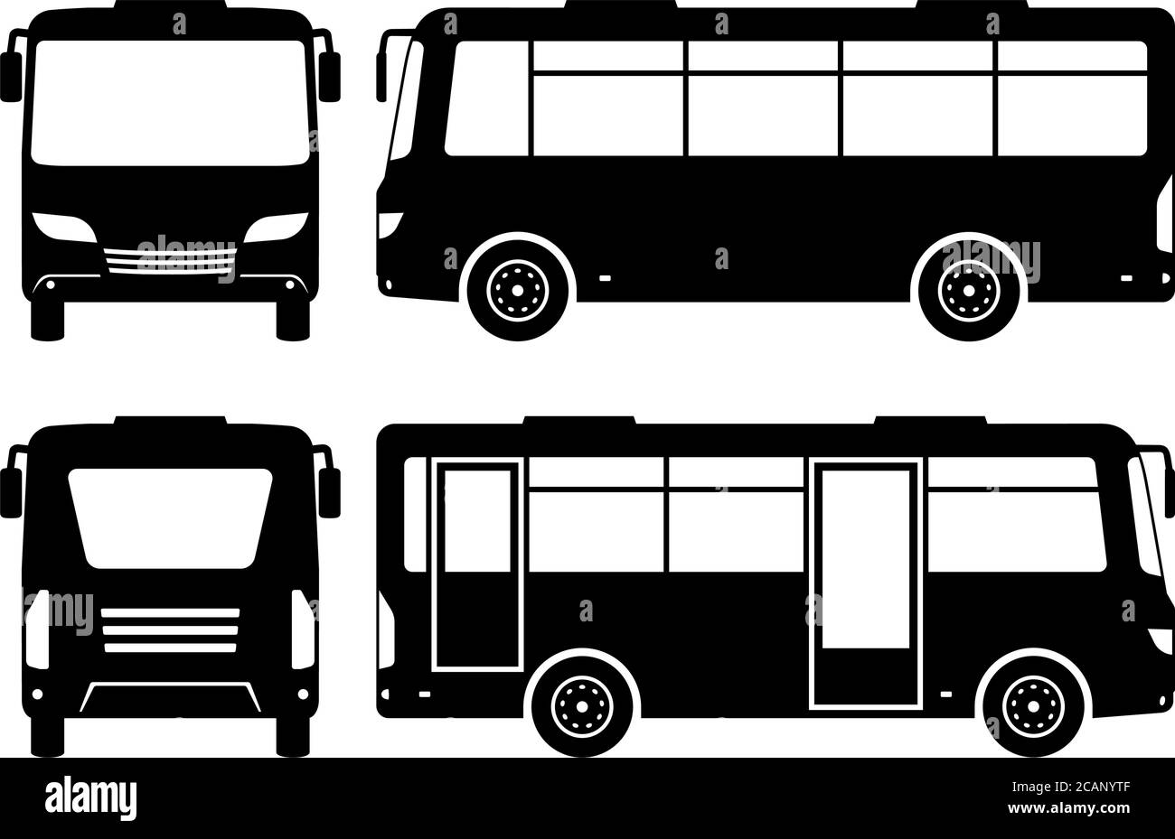 Petite silhouette de bus sur fond blanc. Les icônes de véhicule définissent la vue latérale, avant et arrière Illustration de Vecteur