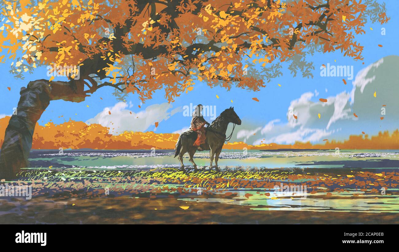femme assise sur un cheval sous un arbre d'automne, style d'art numérique, peinture d'illustration Banque D'Images