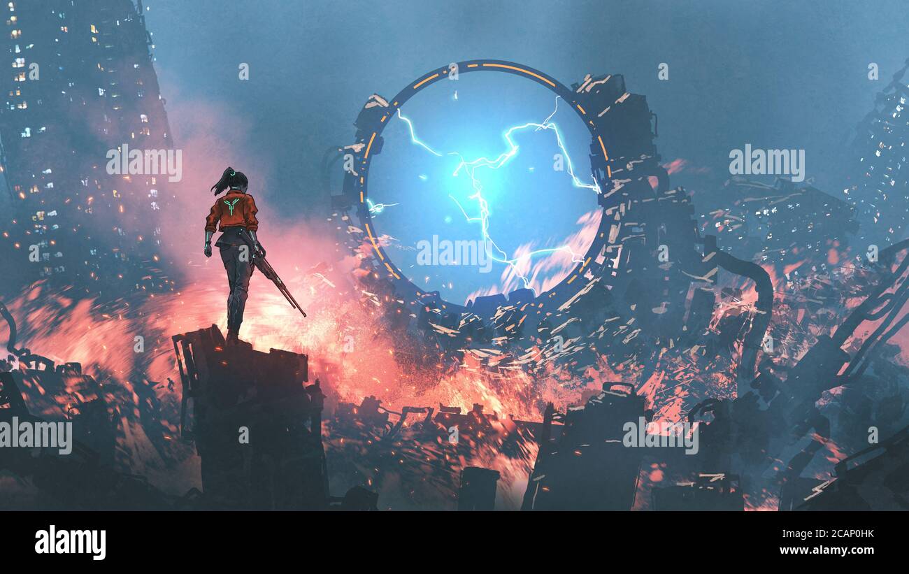 fille avec une arme à feu regardant le portail futuriste détruit dans la ville de ruine, style d'art numérique, peinture d'illustration Banque D'Images