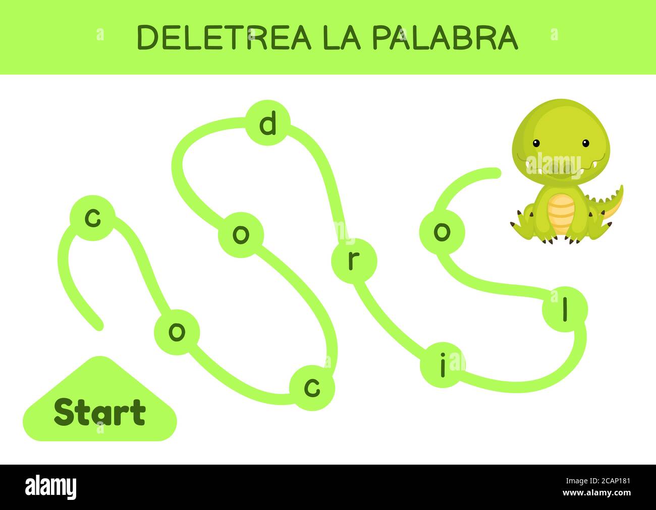 Deletrea la palabra - Spell le mot. Labyrinthe pour les enfants. Modèle de jeu de mots d'orthographe. Apprenez à lire le mot crocodile. Page d'activité pour l'étude en espagnol Illustration de Vecteur