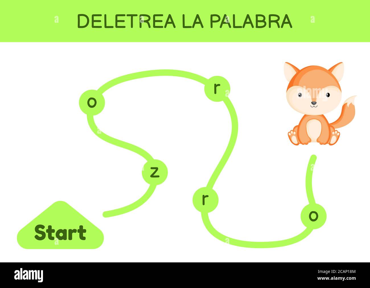 Deletrea la palabra - Spell le mot. Labyrinthe pour les enfants. Modèle de jeu de mots d'orthographe. Apprenez à lire le mot Fox. Page d'activité pour l'étude en espagnol Illustration de Vecteur