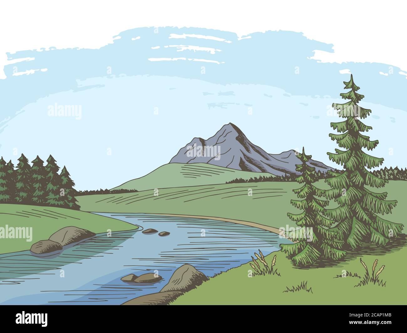 Mountain River graphique couleur paysage esquisse illustration vecteur Illustration de Vecteur