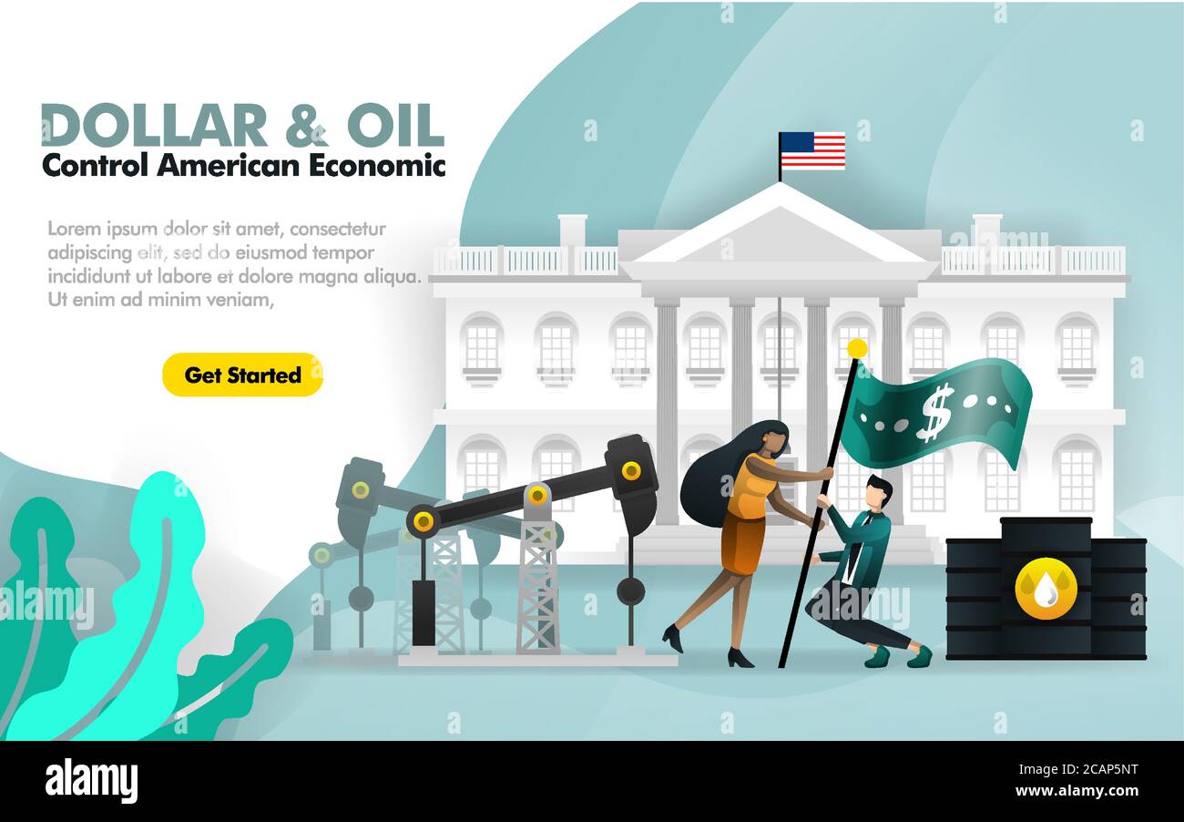 Le dollar et le pétrole contrôlent l'économie américaine. Avec un fond de maison blanche et deux personnes battant le drapeau du dollar entouré d'une raffinerie de pétrole. Peut utiliser pour, landin Illustration de Vecteur