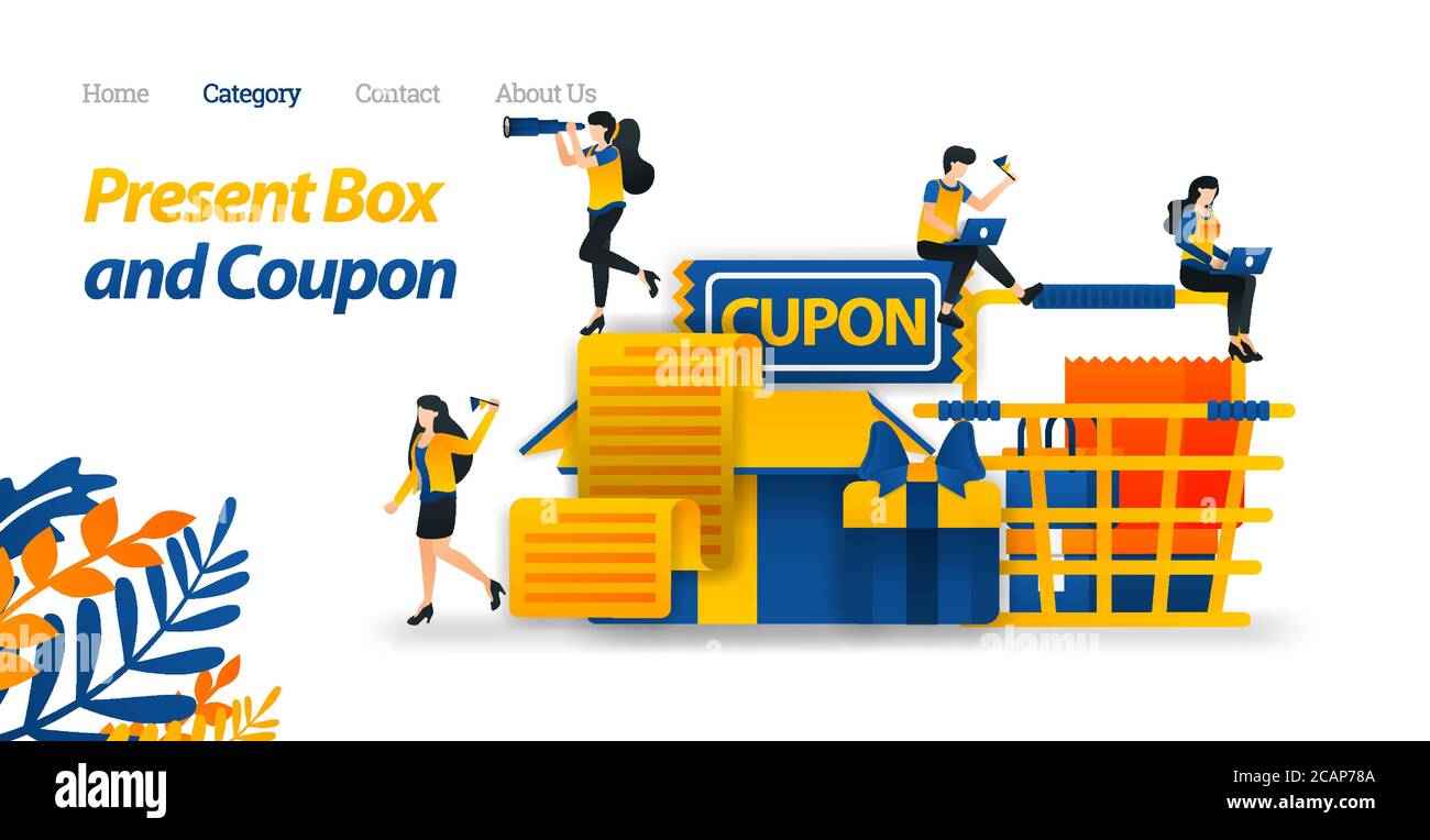 Présenter les modèles de boîtes avec divers accessoires, coupons-cadeaux et panier. Illustration vectorielle, style d'icône plate adapté à la page de renvoi Web, Bann Illustration de Vecteur Présenter les modèles de boîtes avec divers accessoires, coupons-cadeaux et panier. Illustration vectorielle, style d'icône plate adapté à la page de renvoi Web, Bann Illustration de Vecteur