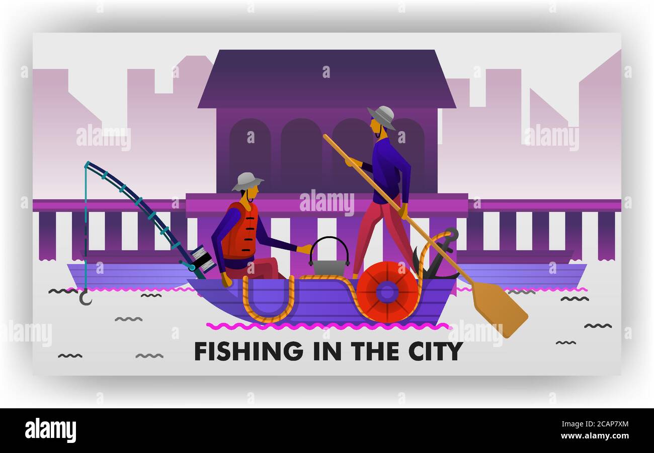 Les pêcheurs sont la pêche sur le bord du port, transportant les canots et les engins de pêche traditionnels. peut être utiliser pour, landing page, site Web, application mobile, poster Illustration de Vecteur