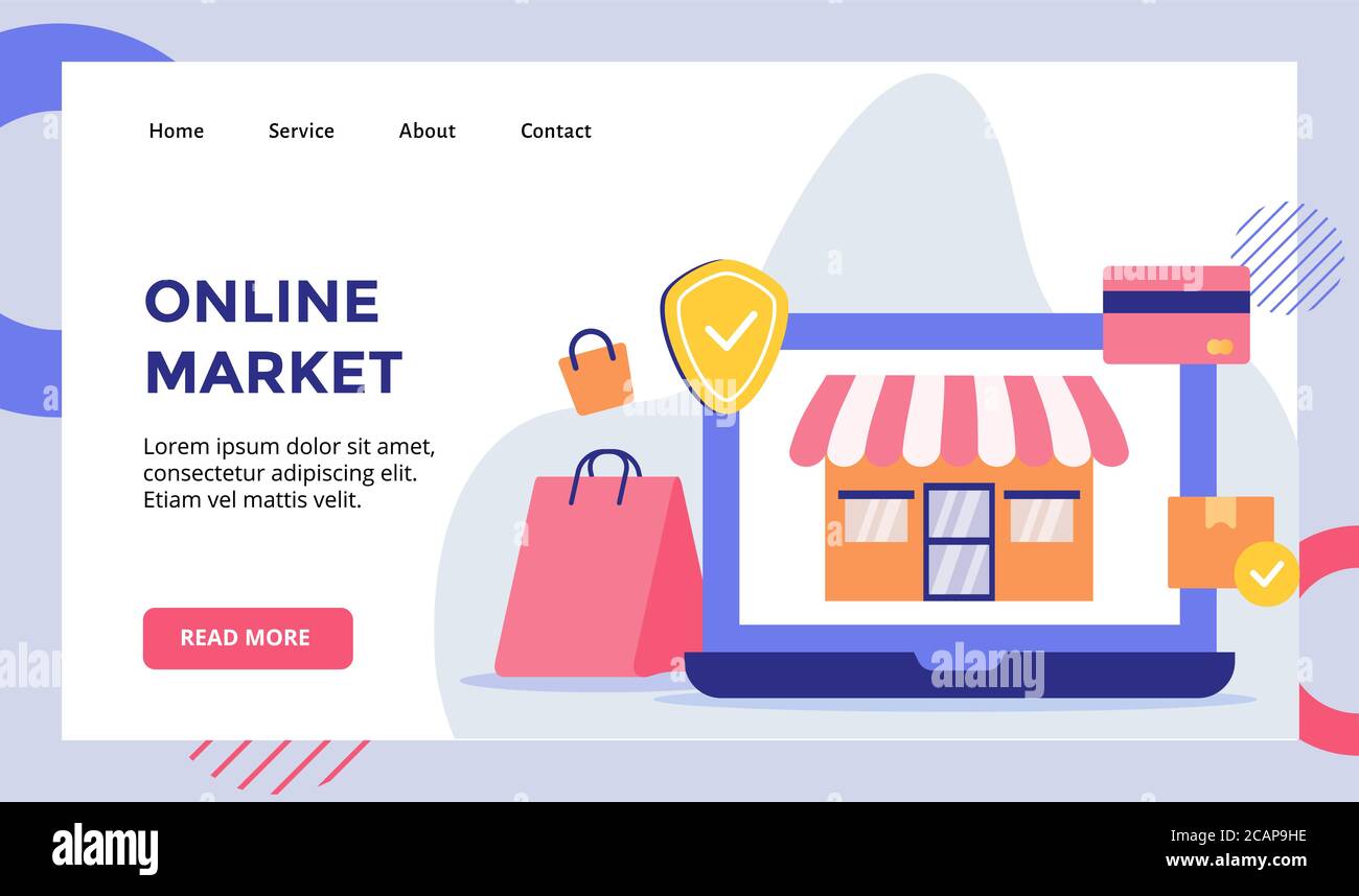 Marché en ligne façade magasin sur écran moniteur ordinateur portable pour site web accueil page d'accueil page d'accueil modèle bannière avec style plat Illustration de Vecteur
